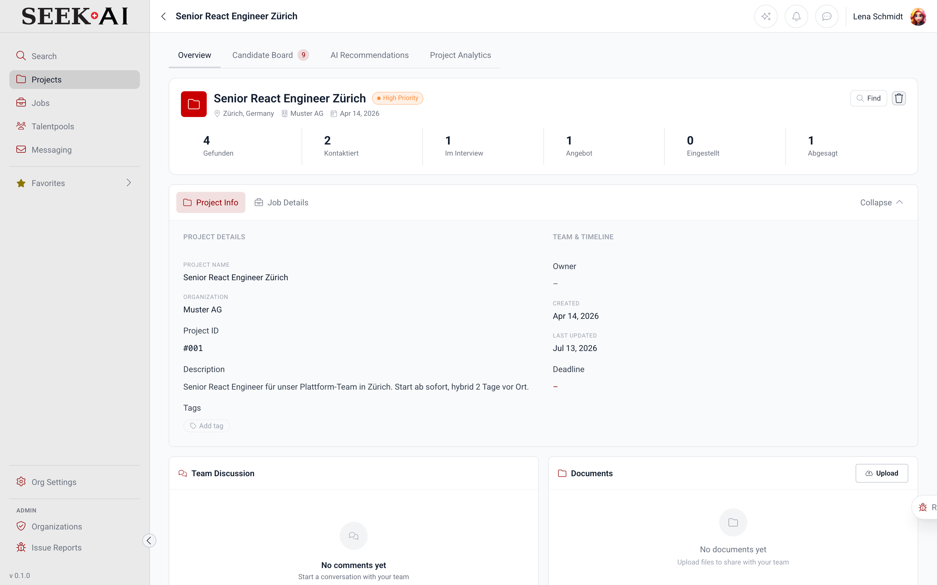 Projekt-Overview-Dashboard mit Team-Aktivität und Pipeline-Fortschritt.