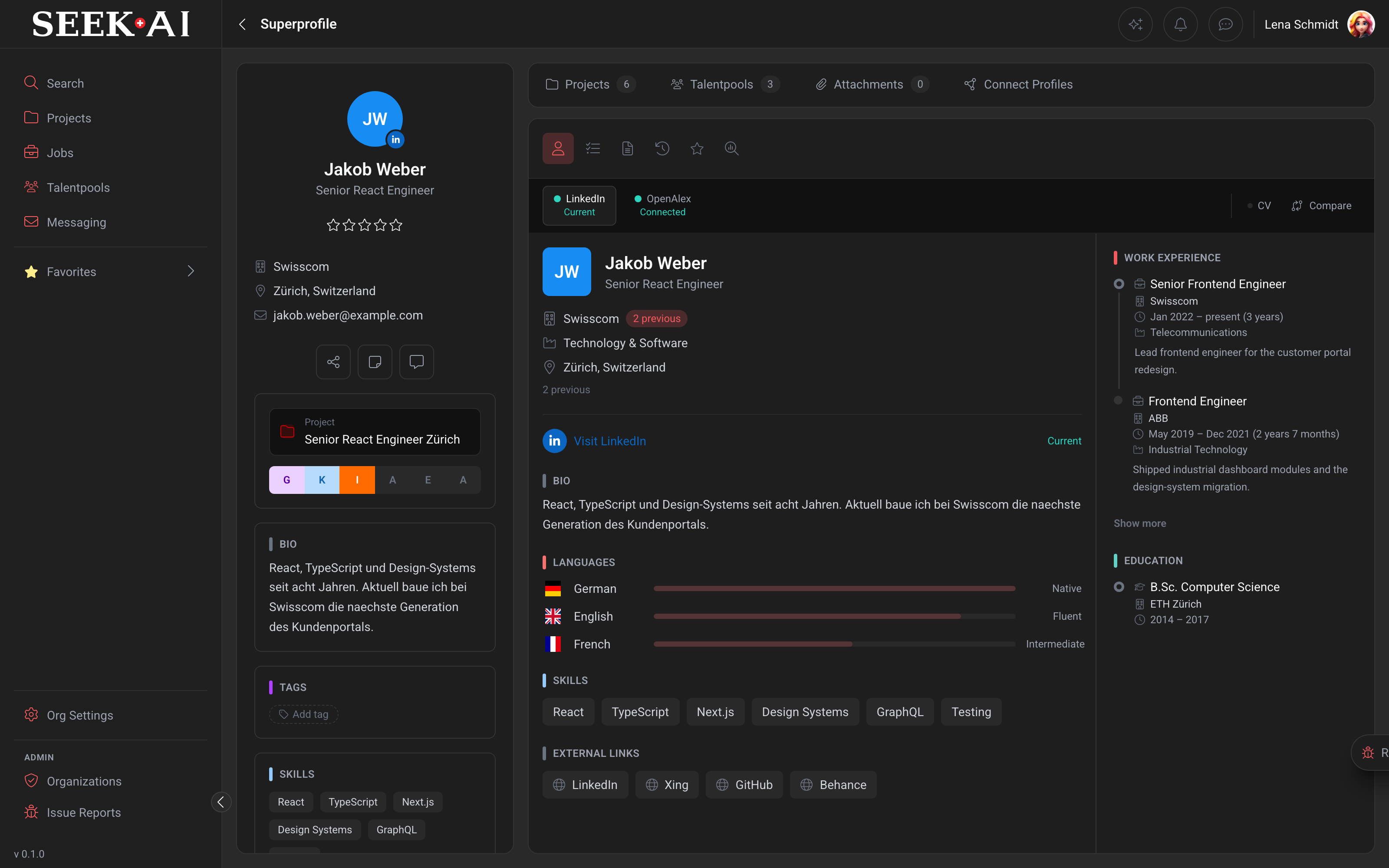 SEEK AI Super Profile with tech stack, signals, and contact channels.